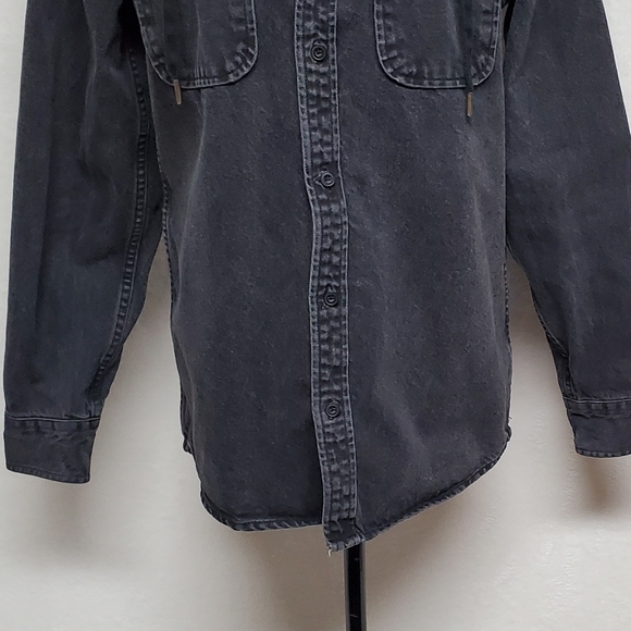 VINTAGE 80s Black Denim Contrast Hood Long Sleeve Button Up Grunge Jacket Medium - Picture 7 of 12